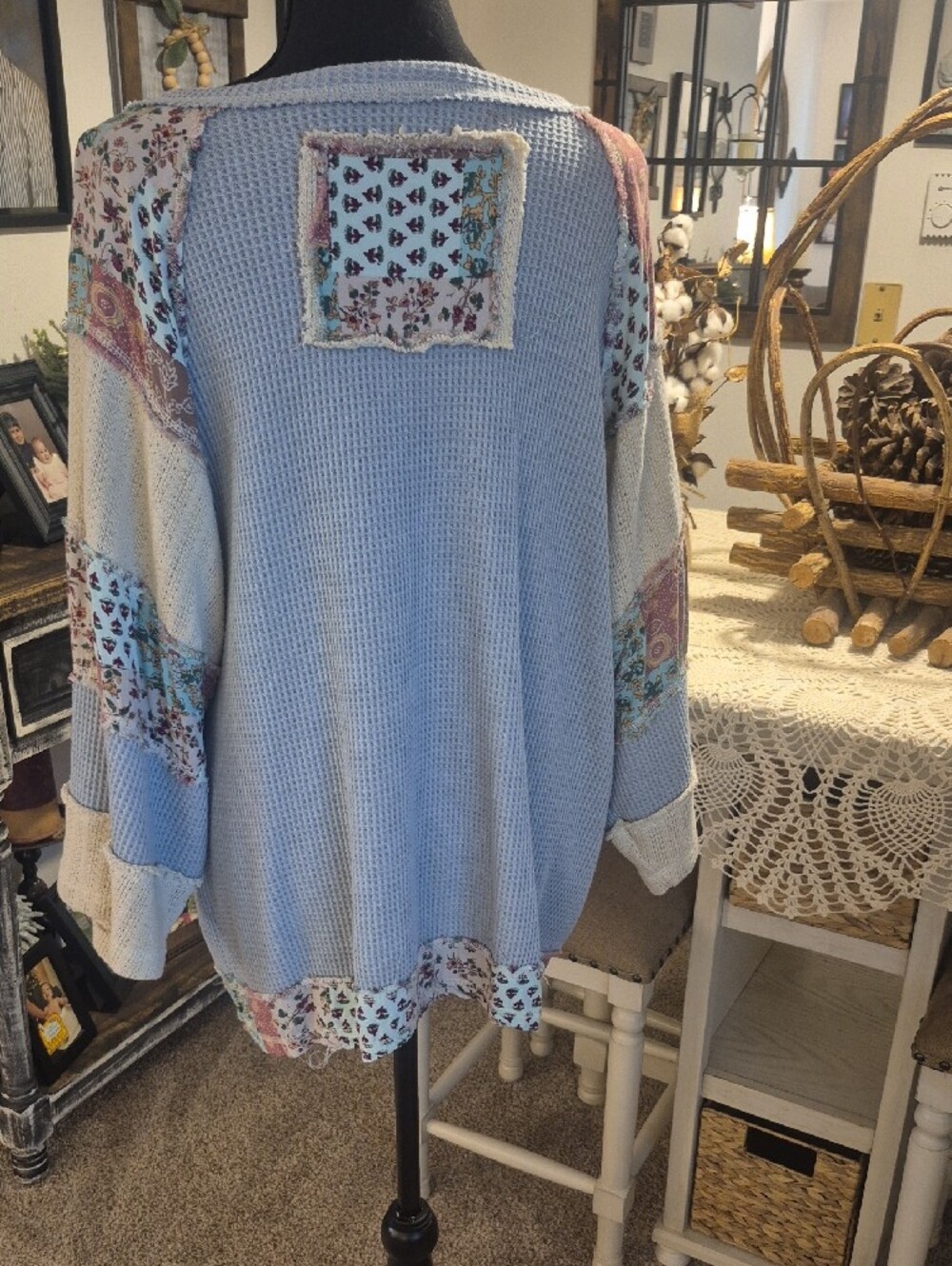 POL Light Blue Waffle Knit Patchwork Peace Sign Sweatshirt - Picture 2 of 9